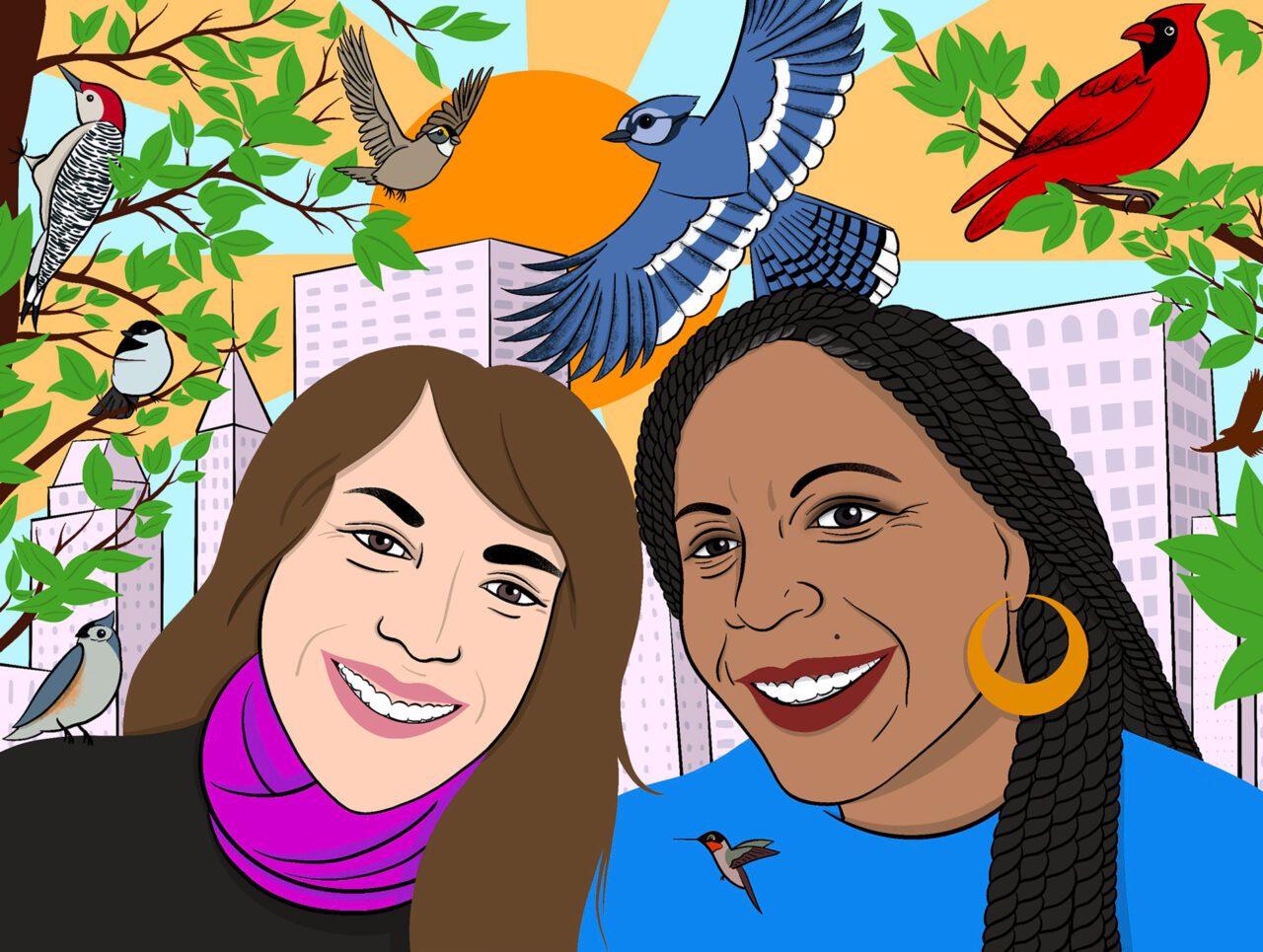Ilustración de dos mujeres rodeadas de pájaros en un paisaje urbano.
