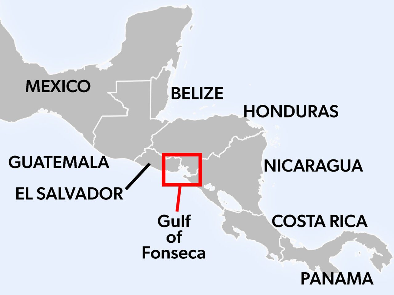 Map of Central America (Mexico, Guatemala, El Salvador, Belize, Honduras, Nicaragua, Costa Rica, Panama) with a square around the Gulf of Fonseca, Honduras.