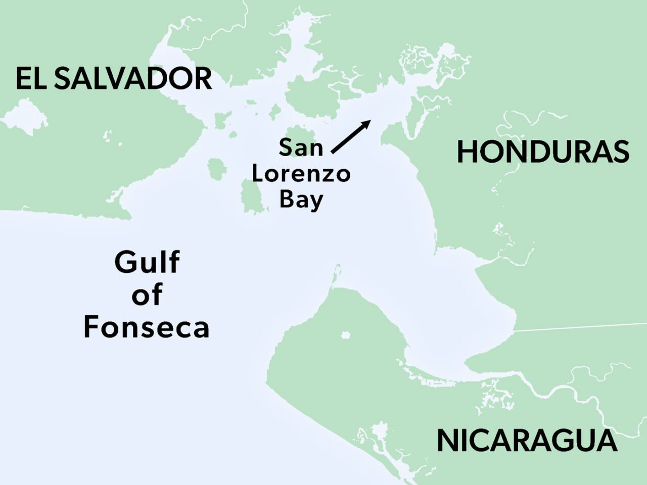 Close up of Gulf of Fonseca with San Lorenzo Bay indicated. Nearby countries noted are El Salvador, Honduras and Nicaragua.