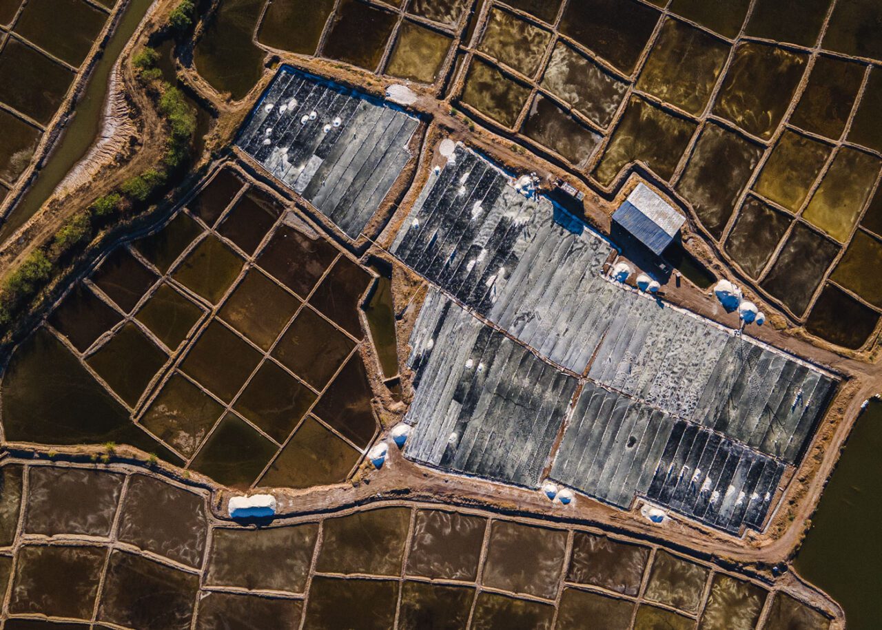 Aerial view of rectangles of salt "fields."