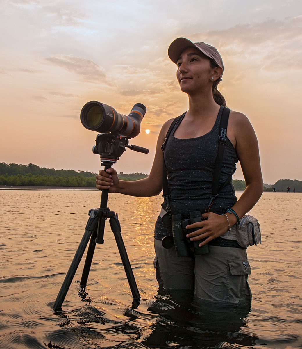 Woman stands in the water at sunset with a large bird-spotting scope.