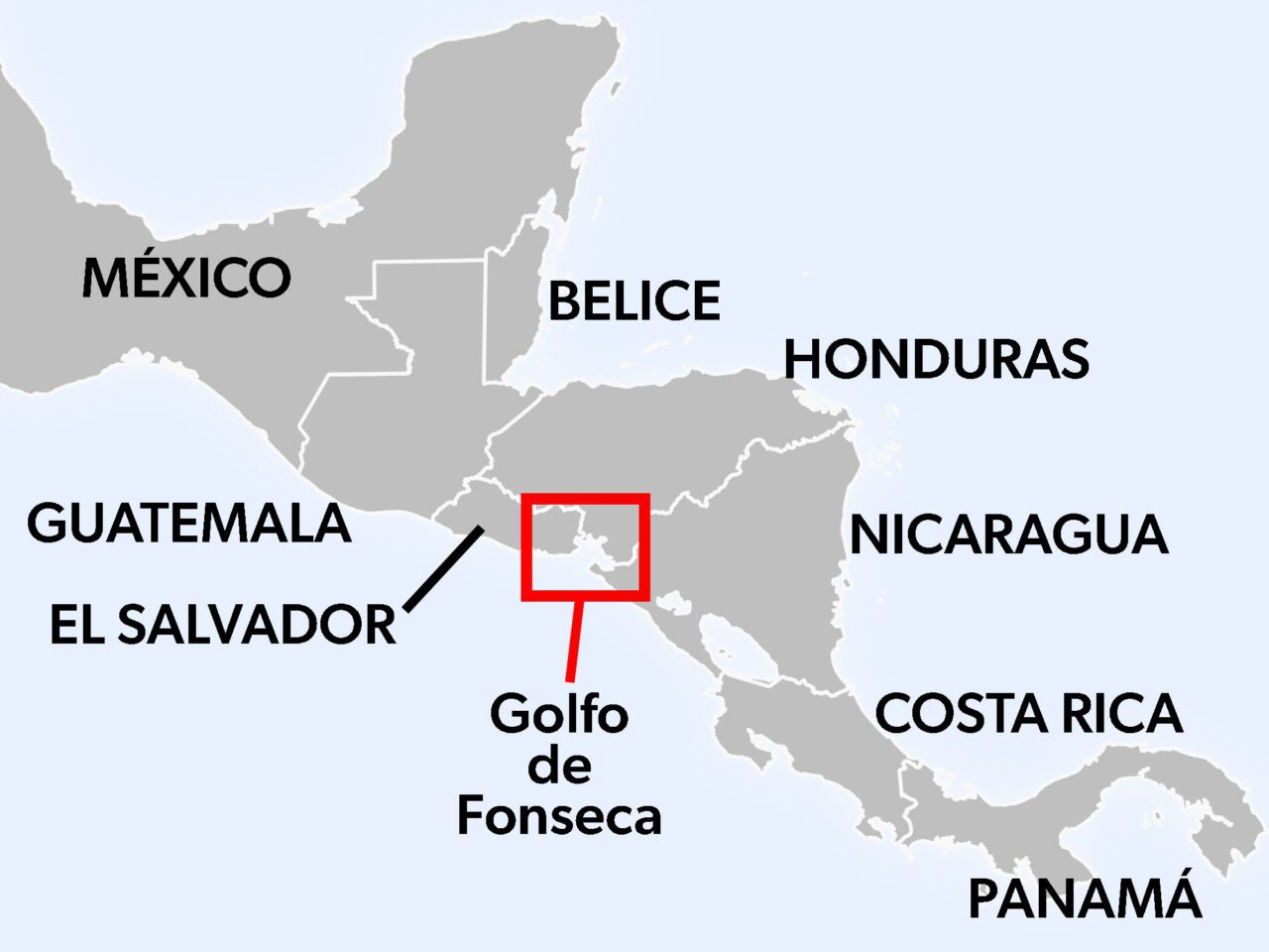 Mapa de Centroamérica (México, Guatemala, El Salvador, Belice, Honduras, Nicaragua, Costa Rica, Panamá) con un cuadrado alrededor del Golfo de Fonseca, Honduras.
