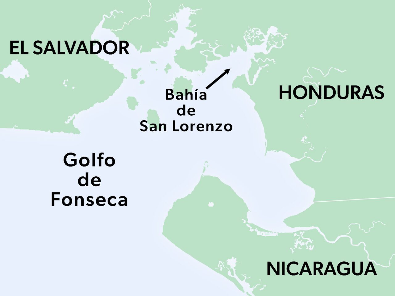 Primer plano del Golfo de Fonseca con la Bahía de San Lorenzo indicada. Los países cercanos señalados son El Salvador, Honduras y Nicaragua.