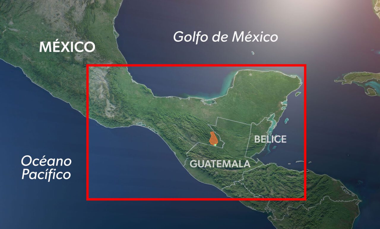 Mapa de Centroamérica, con la tierra en verde y el mar en azul, con etiquetas: México, Guatemala, Belice, Océano Pacífico, Golfo de México.